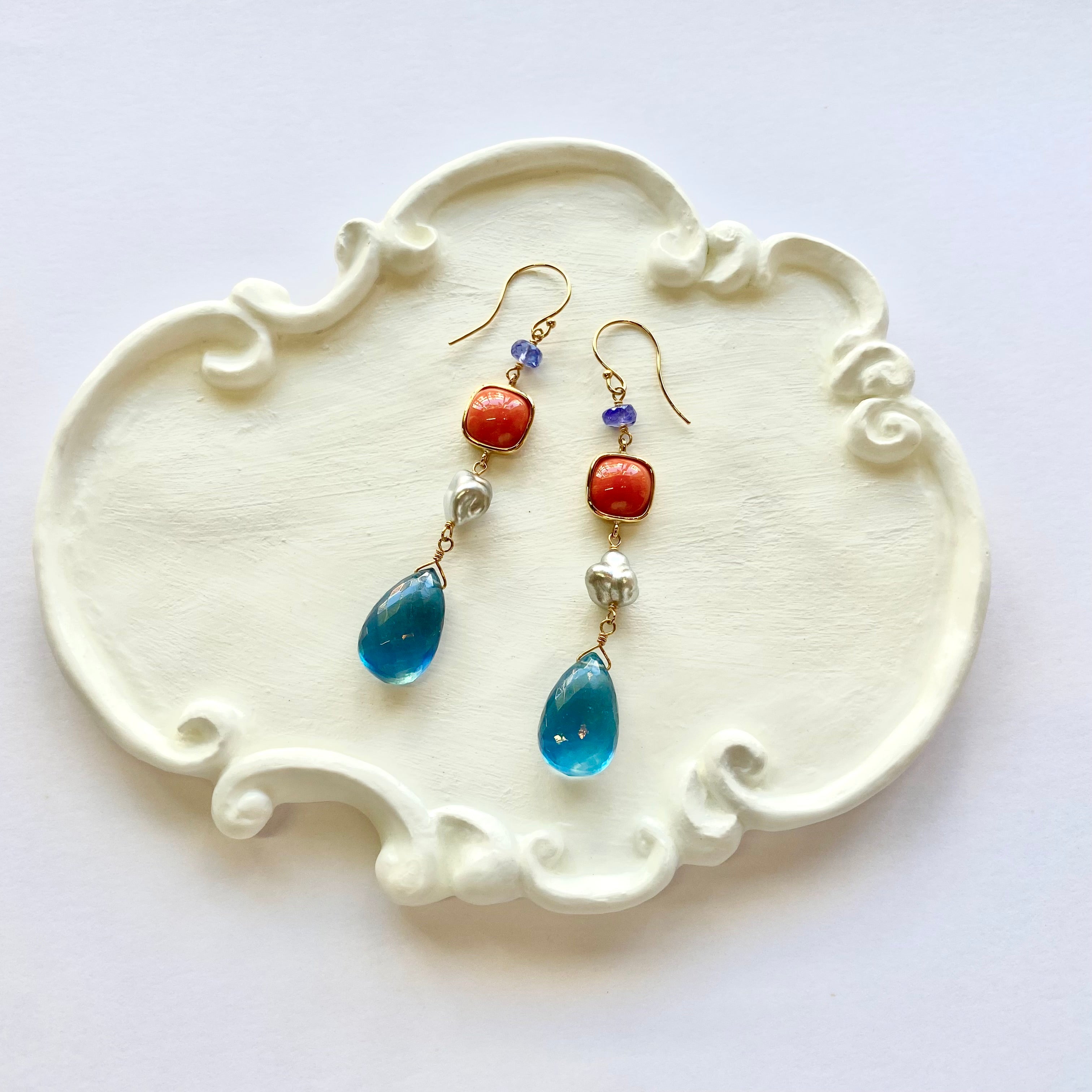 TILLA・EARTH K18YG Colors アクアマリン・桃珊瑚ピアス 石垣島